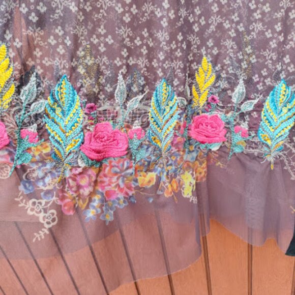 BIYA JOHNNY WAS | Sheer Mesh Floral Embroidered Balloon Sleeve Brown Dress S - Picture 13 of 16